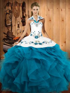 Pretty Teal Lace Up Halter Top Embroidery and Ruffles Quinceanera Gowns Tulle Sleeveless