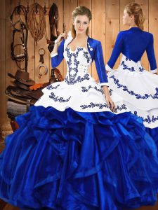 Glamorous Blue Ball Gowns Embroidery and Ruffles Quinceanera Gown Lace Up Satin and Organza Sleeveless Floor Length