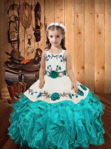 Aqua Blue Sleeveless Embroidery and Ruffles Floor Length Winning Pageant Gowns