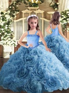 Floor Length Lace Up Girls Pageant Dresses Baby Blue for Party and Quinceanera with Appliques