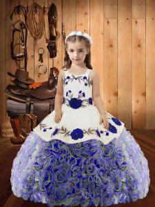 Enchanting Sleeveless Fabric With Rolling Flowers Floor Length Lace Up Child Pageant Dress in Multi-color with Embroidery and Ruffles