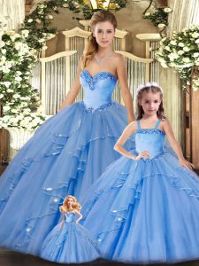 Charming Organza Sweetheart Sleeveless Lace Up Beading and Ruffles Quinceanera Gowns in Baby Blue