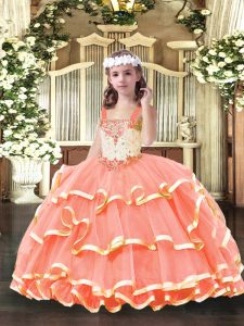 Fashion Straps Sleeveless Organza Pageant Dress for Girls Beading and Ruffled Layers Lace Up