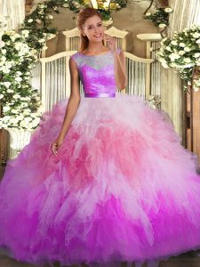 Custom Designed Sleeveless Organza Floor Length Backless Quince Ball Gowns in Multi-color with Lace and Ruffles