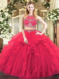 Excellent Floor Length Two Pieces Sleeveless Coral Red Sweet 16 Quinceanera Dress Zipper