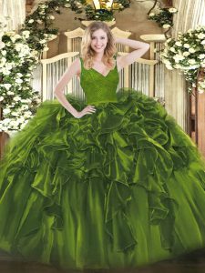 V-neck Sleeveless Backless Sweet 16 Dresses Olive Green Organza