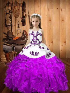 Eggplant Purple Ball Gowns Embroidery and Ruffles Pageant Dress Toddler Lace Up Organza Sleeveless Floor Length