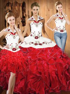 Spectacular White And Red Satin and Organza Lace Up Halter Top Sleeveless Floor Length Sweet 16 Dress Embroidery and Ruffles