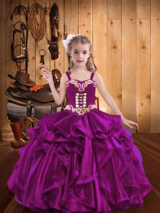 Fuchsia Organza Lace Up Pageant Dress for Womens Sleeveless Floor Length Embroidery and Ruffles