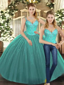 Fantastic Two Pieces Sweet 16 Quinceanera Dress Turquoise Straps Tulle Sleeveless Floor Length Lace Up