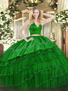 Latest Green Sleeveless Floor Length Embroidery Zipper Sweet 16 Dresses