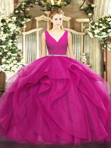 Decent Fuchsia Sleeveless Floor Length Beading and Ruffles Zipper Sweet 16 Dresses