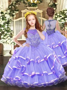 Sleeveless Floor Length Beading and Ruffled Layers Zipper Child Pageant Dress with Lavender