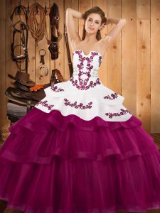 Charming Fuchsia Sleeveless Tulle Sweep Train Lace Up Sweet 16 Quinceanera Dress for Military Ball and Sweet 16 and Quinceanera