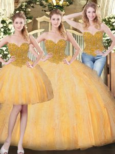 Gold Lace Up Quinceanera Dress Beading and Ruffles Sleeveless Floor Length