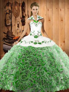 Beautiful Halter Top Sleeveless Organza and Fabric With Rolling Flowers 15th Birthday Dress Embroidery Sweep Train Lace Up
