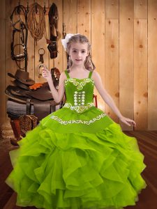 Olive Green Straps Neckline Embroidery and Ruffles Glitz Pageant Dress Sleeveless Lace Up