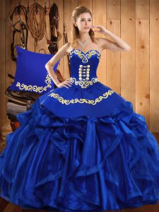 Royal Blue Organza Lace Up Sweetheart Sleeveless Floor Length Quince Ball Gowns Embroidery and Ruffles