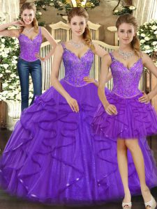 Straps Sleeveless Lace Up Quinceanera Gown Purple Organza