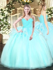 Fashionable Organza Spaghetti Straps Sleeveless Zipper Ruffles Quinceanera Dress in Light Blue