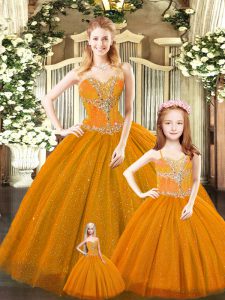 Rust Red Sleeveless Floor Length Beading Lace Up Quinceanera Dress
