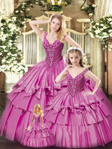 Fuchsia Sleeveless Organza Lace Up Sweet 16 Dress for Military Ball and Sweet 16 and Quinceanera