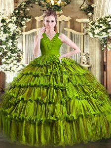 Perfect Ruffled Layers 15th Birthday Dress Olive Green Zipper Sleeveless Floor Length