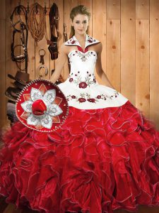 Simple Floor Length Ball Gowns Sleeveless White And Red Quinceanera Dresses Lace Up