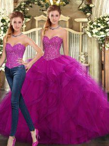 Fuchsia Organza Lace Up Sweet 16 Quinceanera Dress Sleeveless Floor Length Beading and Ruffles