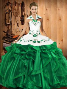 Green Ball Gowns Embroidery and Ruffles Ball Gown Prom Dress Lace Up Satin and Organza Sleeveless Floor Length