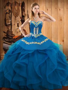 Blue Sleeveless Organza Lace Up Quinceanera Dress for Military Ball and Sweet 16 and Quinceanera