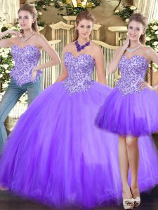 Hot Selling Lavender Lace Up Sweetheart Beading 15th Birthday Dress Tulle Sleeveless