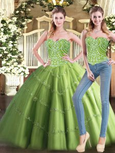 Cheap Olive Green Sleeveless Floor Length Beading Lace Up 15 Quinceanera Dress