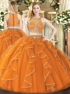 Admirable Orange Organza Zipper Scoop Sleeveless Floor Length Quinceanera Gown Beading and Ruffles