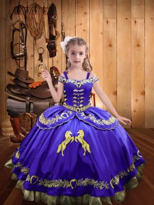 Customized Floor Length Purple Pageant Dress Womens Off The Shoulder Sleeveless Lace Up