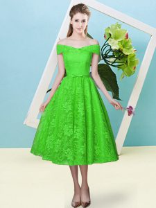 Perfect Lace Cap Sleeves Tea Length Dama Dress and Bowknot