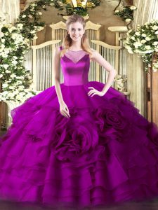 Fantastic Fuchsia Side Zipper Ball Gown Prom Dress Beading and Ruffled Layers Sleeveless Floor Length