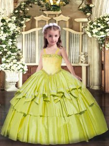Sleeveless Organza Floor Length Lace Up Pageant Gowns For Girls in Olive Green with Appliques and Ruffled Layers