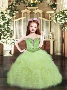 Hot Selling Yellow Green Spaghetti Straps Neckline Beading and Ruffles and Pick Ups Kids Pageant Dress Sleeveless Lace Up