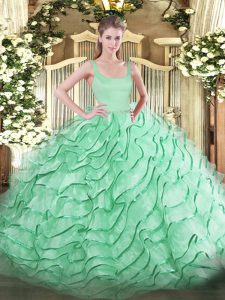 Affordable Apple Green Organza Zipper Sweet 16 Quinceanera Dress Sleeveless Brush Train Ruffled Layers