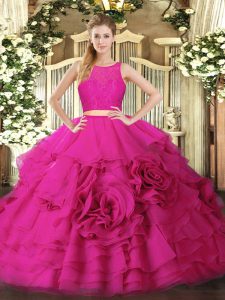 Hot Pink Tulle Zipper Quinceanera Gowns Sleeveless Floor Length Ruffles