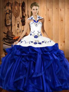 Royal Blue Ball Gowns Halter Top Sleeveless Satin and Organza Floor Length Lace Up Embroidery and Ruffles Sweet 16 Quinceanera Dress