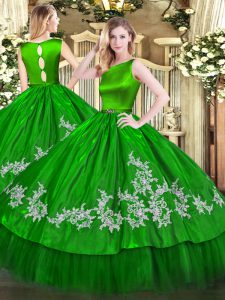 Dynamic Sleeveless Satin and Tulle Floor Length Clasp Handle Quince Ball Gowns in Green with Embroidery