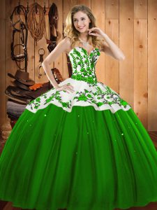 Free and Easy Green Ball Gowns Sweetheart Sleeveless Satin and Tulle Floor Length Lace Up Appliques and Embroidery Sweet 16 Quinceanera Dress