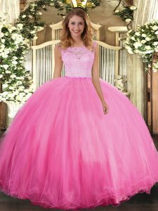 Graceful Scoop Sleeveless Clasp Handle Quinceanera Gown Rose Pink Tulle
