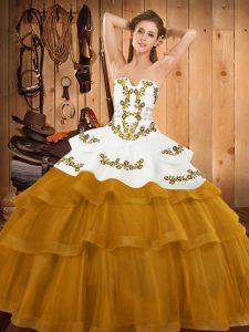 Beautiful Gold Sleeveless Sweep Train Embroidery and Ruffled Layers 15 Quinceanera Dress