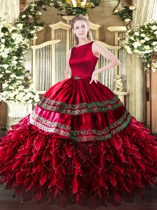 Wine Red Ball Gowns Scoop Sleeveless Satin and Organza Floor Length Clasp Handle Ruffled Layers Quinceanera Gowns