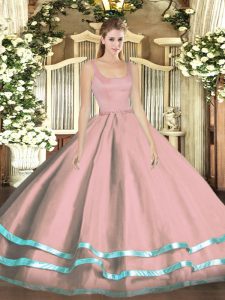 Ball Gowns Quince Ball Gowns Pink Straps Tulle Sleeveless Floor Length Zipper