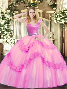 Pretty V-neck Sleeveless Ball Gown Prom Dress Floor Length Beading and Appliques Rose Pink Tulle