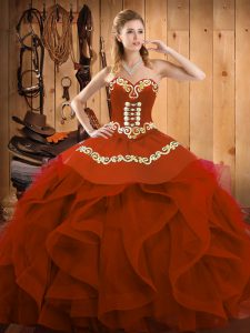 Adorable Rust Red Sleeveless Embroidery and Ruffles Floor Length 15 Quinceanera Dress